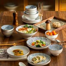4-Piece Ceramic Plate Set - Handmade Blue & White Floral Porcelain Dinnerware, Suitable For Dinner, Pasta, Salad, Microwave Friendly Kitchen And Dining Tableware