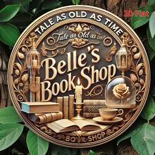 8x8 英寸复古金属墙面艺术标牌 - “Belle's Book Shop”，舒适的咖啡馆设计，配有书籍、灯具和花卉装饰 - 易于悬挂，耐用的金属结构，适用于卧室、厨房、餐厅、酒吧 - 非常适合家居、办公室或礼品装饰，复古咖啡馆设计，书籍装饰，房间装饰 - 彩色 - 查看 7