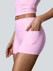 NcmRyu 1 Set Solid Color Women's Casual Sports Fitness Sweet Short Sleeve Top And Booty Shorts Set Comfortable Activewear For Fitness Gym Running And Outdoor Activities Spring Summer - 粉色 - 查看 6