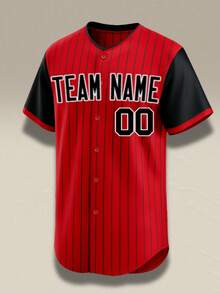 Customizable Men's Baseball Jacket, Red Striped V-Neck, Printed With Name And Number - Loose Fit Button-Down Shirt, Suitable For Outdoor Sports, Casual Wear, Parties (Size XS-2XL), Sports Team Uniform - Red - View 3