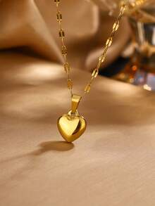 VceTd 1 套浪漫不锈钢首饰套装，配有光泽的心形吊坠，适合女性在约会或订婚时佩戴，或作为节日送给爱人的礼物 - 金色 - 查看 3
