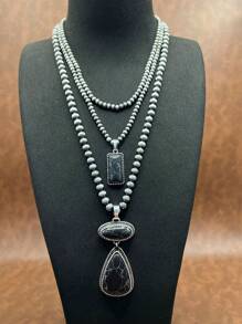 Retro Western Country Style Faux Pearl CCB Beaded Necklace Chain With Water-Drop Pendant, 3 Layers Chain Design, Matching Rectangle Earrings, Suitable For Women And Girls To Pair With Daily Outfit, Party Accessories, Jewelry, Gift For Family/Friends/Yourself