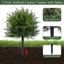 24 Inch Artificial Cedar Ball Tree With Ground Spikes, UV Resistant Fake Shrubs, Set Of 2 Artificial Cypress Fake Plants Artificial Shrubs For Indoor And Outdoor Front Porch Garden Decorations, Christmas Decorations