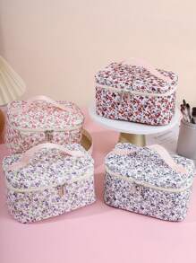 1 件可折叠花卉手提包，花卉图案拉链顶部手柄化妆包，化妆品收纳盒，化妆品收纳包，适合宿舍、女孩、妈妈、学校、旅行、度假、冬季返校