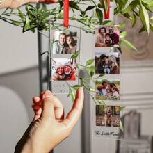 1PC Custom Acrylic Photo Ornament - Can Hold 1-3 Photos And Add Text, Transparent Rectangular Design With Red Ribbon, Suitable For Christmas Tree Decoration, Family Photo Commemoration, Best Friend Gift, Pet Commemoration Or Anniversary Holiday Gift