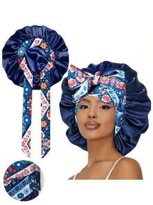 1pc Navy Blue Bohemian Design Satin Silk Sleep Cap, With Drawstring, Sleeping Hair Cap, Elastic Wide-Banded Silk Sleep Hat, Soft & Breathable (Random Print Pattern) - Navy Blue NPSM11 - View 32