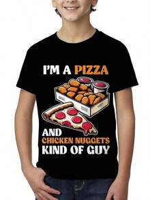 1pc Fun Pizza & Chicken Nuggets Lover T-Shirt, Boys' Summer Casual Crew Neck Tee, 100_ Cotton Knit F Vintage Shirts Graphic Tees Men Camisas Para Hombre Funny Shirts Printed & Shipped In USA - 黑色 - 查看 1