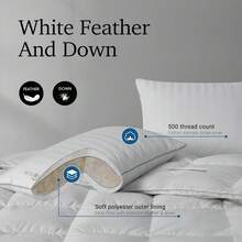 Hotel Grand Fluffy Feather Down Pillow 100% Cotton Queen Size Pillow Set Of 2 Pack Medium Firm Hypoallergenic Pillows For Back\/Side Sleeper Bed Pillows,20"X28"(Pack Of 2) - White/Medium Soft - 查看 3
