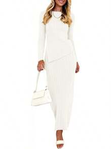Women 2 Piece Outfits Long Sleeve Asymmetric Slit Hem Tops Midi Bodycon Skirt Sets Lounge Knit Sweater Set