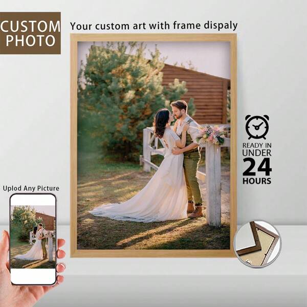 1 Pc, Custom Photo, Polished Plexiglass Wooden Frame,Customize Your Wedding Commemoration, Precious Memories,Personalized Canvas Printed Poster Art, Perfect For Families, Couples, Pets' Memories, And A Perfect Gift For Anniversaries