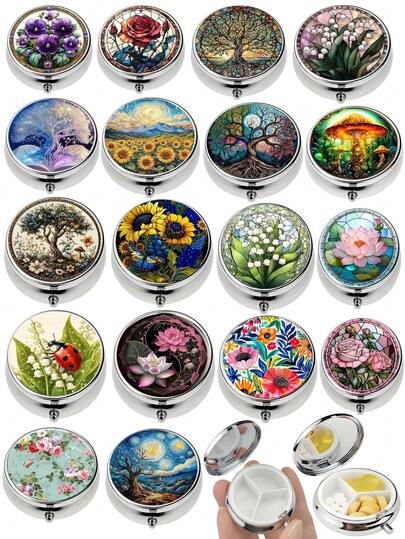 2 Compartment Pill Box, Portable Medication Case, Can Be Placed In Pocket Or Wallet, Decorative Metal Medicine Vitamin Storage Box, Unique Gift (Floral)