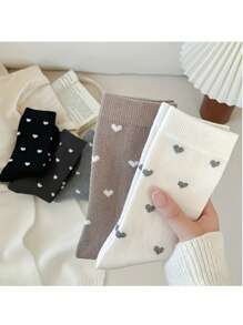 5 Pairs Women's Heart Print Casual Everyday Mid-Calf Socks