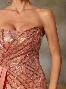 Faeriesty Faeriesty Luxury Sequin & Beaded Mermaid Gown - Strapless With Cross Back Straps, High Slit Revealing Fish-Scale Sequin Accents, Flared Tulle Train Overlay For Black Tie Affairs, Bridal Banquets, Red Carpet Galas