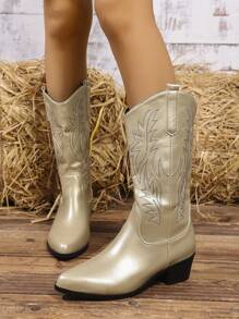 Botas de Cowboy Femininas Novas Outono/Inverno 2025 Bico Fino Bordado Salto Grosso Cano Médio Botas de Montaria, Plus Size, Estilo Western