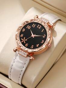 Set de 6 relojes de mujer con correa de piel de estrella de mar blanca - Esfera de escala de barra de moda, relojes de cuarzo minimalistas casuales para uso diario