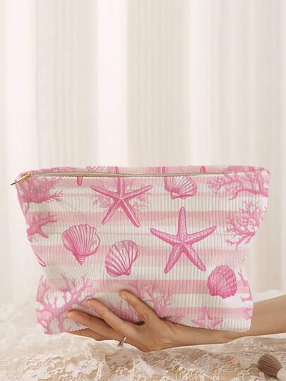 1pc Portable Cosmetic Bag, Ocean Series Shell & Starfish Pattern Double-Sided Printed Travel Zipper Cosmetic Pouch, Multi-Functional Toiletry Storage Bag,Fall Decor,Autumn Decor,Room Decor
