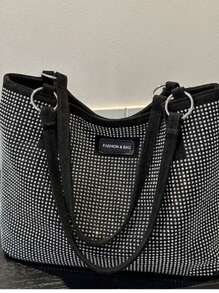 Borsa a tracolla capiente da donna, borsa shopping stile moda con strass, nera