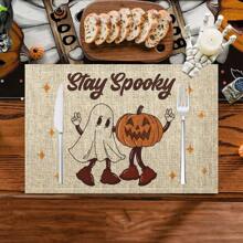 1/4/6 Stücke Halloween Serie mit gestreiften, Geister- und Kürbisdruck dekorative Tischsets/Untersetzer, 100% Leinen, handwaschbar - ideal für Esstische, Restaurants, Geburtstag & Party Dekoration, Heimdekoration