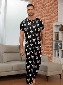 Printstory Customized Personalized Graphic Pajama Set, Featuring Portrait, Children, Pets, Cartoon, Festive Designs, Funny & Interesting For Men - Black - View 3