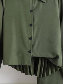 Left Mama Tween GirlsCasual Minimal Pleated Long Sleeve Shirt & Straight Pants Set, Spring/Autumn - Army Green - View 5