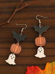 1 coppia di orecchini in legno per donne in stile Ognissanti, con design divertente di zucca, fantasma e pipistrello, a forma di goccia forata a pendente