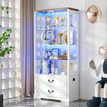 67" Tall Display Cabinet With Glass Doors And 2 Drawers, Adjustable Glass Height, Curio Cabinet With 3 LED Lights And Human Body Sensor (White) - 白色 - 查看 7