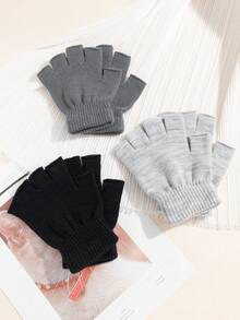 3 Pairs Casual Versatile Solid Color Half Finger Gloves