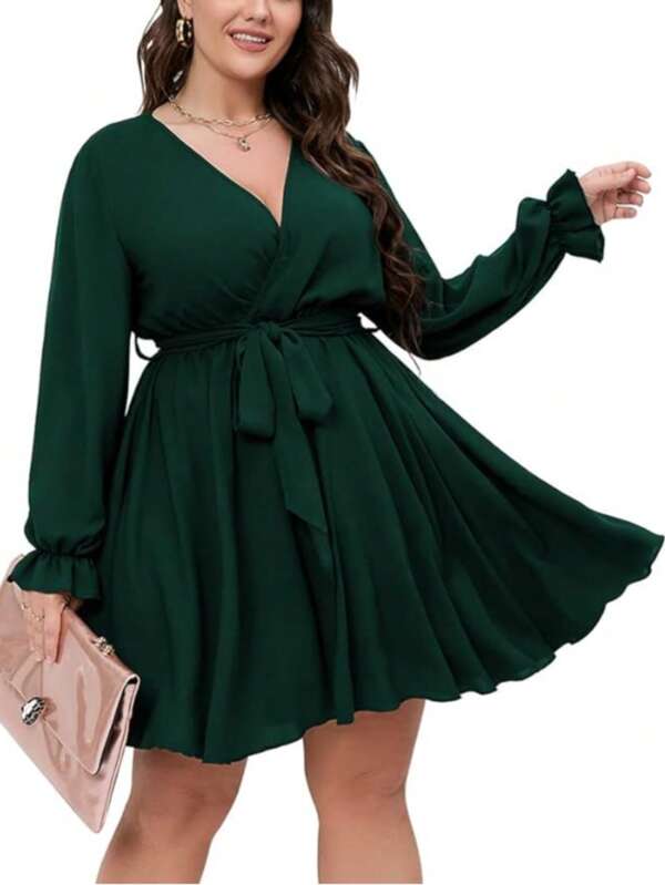 Plus Size Women V-Neck Long Sleeve Tie Waist A-Line Mini Dress, Woven Fabric Crossover Belted Dress, Suitable For Wedding Events, Autumn/Winter