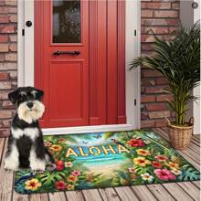 Floral & Letter Pattern Doormat, Tropical Flowers "Aloha" Doormat - Vibrant Hawaiian Party Theme With Palm Trees And Flamingos, Absorbent Flannel Printed Mat