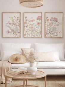 3 peças de impressão em tela de flores silvestres sem moldura, pintura em tela floral rosa, pôsteres de arte botânica nórdica, pintura de parede botânica simples, decoração de parede para quarto de meninas, sala de estar, escritório, decoração de parede para apartamento, estilo moderno sem moldura, artes de parede