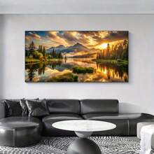 无框帆布艺术印刷品 - 金色日出、雪山倒映水面、现代客厅或卧室墙壁装饰、帆布墙面艺术 - 彩色 - 查看 3