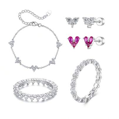 bamoer Pulsera de la buena suerte del amor Bamoer, anillo de pendientes de plata pura 925, joyería europea y americana de moda, pequeña y exquisita, elegante pequeño amor, adecuado para uso diario, viajes, fiestas y regalos para mujeres