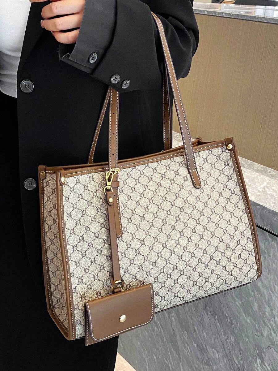 1 Set Large Capacity Graphic Print Tote Bag With Small Pouch - Grey - View 1