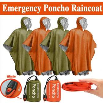Aluminum Film Disposable Poncho Emergency Waterproof Raincoat, Warm Thermal Rainwear Blankets Survival Tools Camping Equipment, Emergency Rain Poncho Hood Reusable Weather Resistant Raincoat Men Women Camping Hiking Outdoor Survival Travel Gear