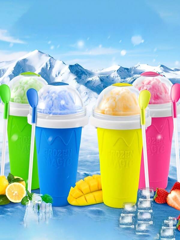 1 كوب سموذي سحري مجمد، كوب طين سحري مجمد، مع غطاء وقش، كوب سموذي قابل للضغط محمول، كوب صنع السموذي السحري مزدوج السيليكون DIY، مناسب للعصير والصودا والحليب والآيس كريم، هدايا