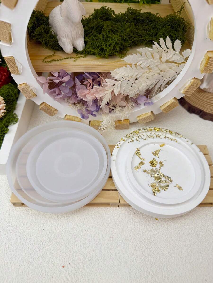 2 件套 - 大号镜面 + 小号圆形杯垫硅胶模具 DIY 简易圆形储物托盘石膏模具家居装饰摆件环氧树脂模具手工艺品制作铸造模具
