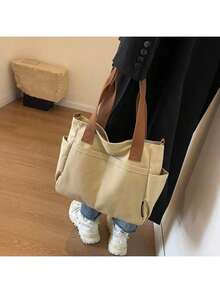 1 Pieza Bolso de lona de gran capacidad con múltiples bolsillos, bolso de hombro reutilizable para compras, fácil de llevar, asa cómoda, adecuado para uso diario y como regalo, bolso portátil para la escuela, el trabajo, los viajes y las compras - Multicolor - Ver 10