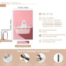 1 pièce de canevas d'art de salle de bain sans cadre avec des fantômes mignons, impression de canevas d'Halloween rose amusante, décoration murale d'Halloween rose effrayante, décoration d'Halloween vintage amusante (cadre en option)