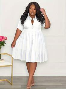 Plus Size Women's Solid Color Ruffled Hem Dress - Button Folded Lapel Design, Summer And Autumn Casual And Elegant Style - 白色 - 查看 1