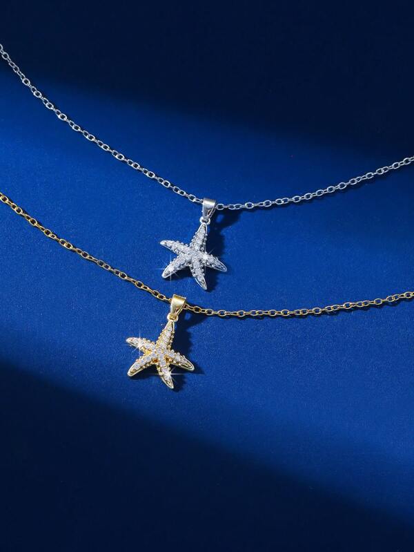 1 pieza Colgante de collar con forma de estrella de mar de la serie oceánica con zirconia cúbica de cobre, cadena delicada para clavícula, regalo decorativo para mujeres de vacaciones en la playa