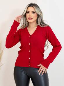 MONNEI Cardigan Knit Jacket With Buttons - Đỏ - Xem 2