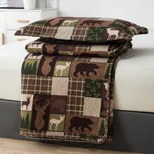 Reversible Lodge Plaid Bedding Moose Bear Quilt Full/Queen Size Rustic Bedspread Cabin Coverlet Wildlife Forest Daybed Cover Summer Lightweight Bed Cover Pillow Shams - Brown Green - 查看 7