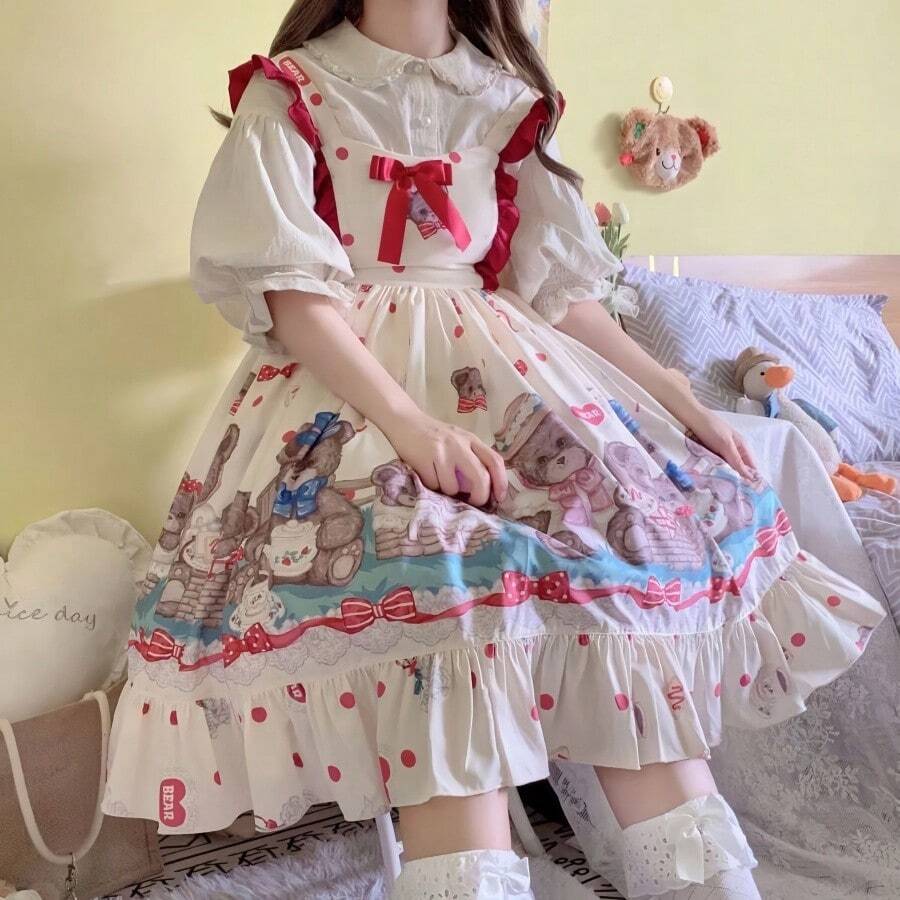1 chiếc váy liền quần theo chủ đề gấu bông Lolita, trang phục hóa trang phong cách Lolita dễ thương thích hợp cho các bữa tiệc, biểu diễn, ngày lễ, quà tặng ngày lễ tình nhân và trang phục hàng ngày, chỉ mặc váy, trang phục Halloween - Nhiều màu - Xem 1