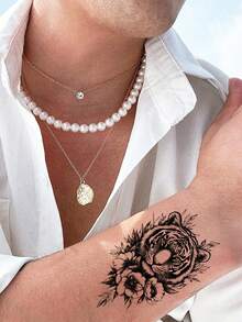 30 片小动物图案纹身贴，防水临时纹身贴，男女适用，手部身体装饰，一次性狼、老虎、猫头鹰、狮子、大象图案假纹身 - 黑色 - 查看 5