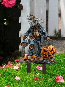 1pc Halloween Chainsaw Scary Pumpkin Outdoor Decoration Sign, Suitable For Halloween Decoration, Outdoor Decoration, Lawn Decoration, Flowerpot Decoration, Backyard Decoration. Outdoor Decorative Panels Made Of 2D Flat Acrylic Sheets. The Best Gift For Halloween Decoration