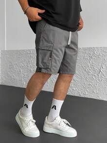 Men's Cool Multi-Pocket Design With Drawstring Details Straight-Leg Cargo Shorts, Flattering Leg - Dark Grey - View 2