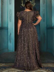 QOQ 大码女士亮面夏季晚礼服，适合盛大晚宴、生日派对、慈善舞会、正式晚宴等正式场合，紫色荷叶边袖褶皱后背拉链连衣裙 - 棕色 - 查看 2