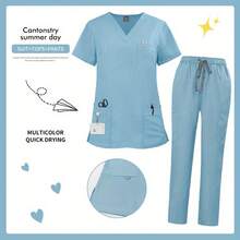 实用医用工作服套装，上衣和裤子，功能性设计，耐用易护理面料，适合医护人员日常穿着。