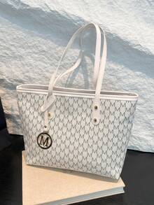 Bolso de hombro estampado, regalo del Día de la Madre para mamá, bolso de mano de gran capacidad con estampado de letras retro, bolso perfecto para transporte diario - Blanco - Ver 6