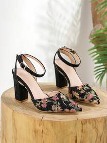 Różnokolorowe damskie modne koreańskie buty w stylu słodkich kwiatów z drobnymi kwiatami na wysokim obcasie, gruby obcas ze szpiczastym noskiem i wydrążonym paskiem na kostce - Wielokolorowe - Zobacz 5